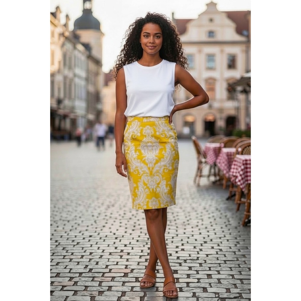 Marciano Yellow White Damask Silk Blend Lace Up Back Pencil Skirt Size 8 Office